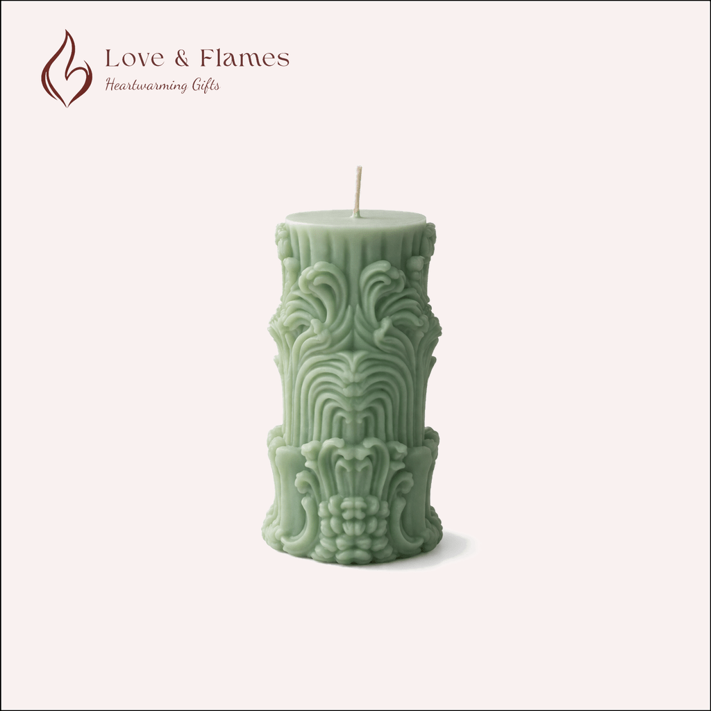 Baroque Ornate Pillar Scented Candle Color Green Mint & Fragrance Lily - Love & Flames