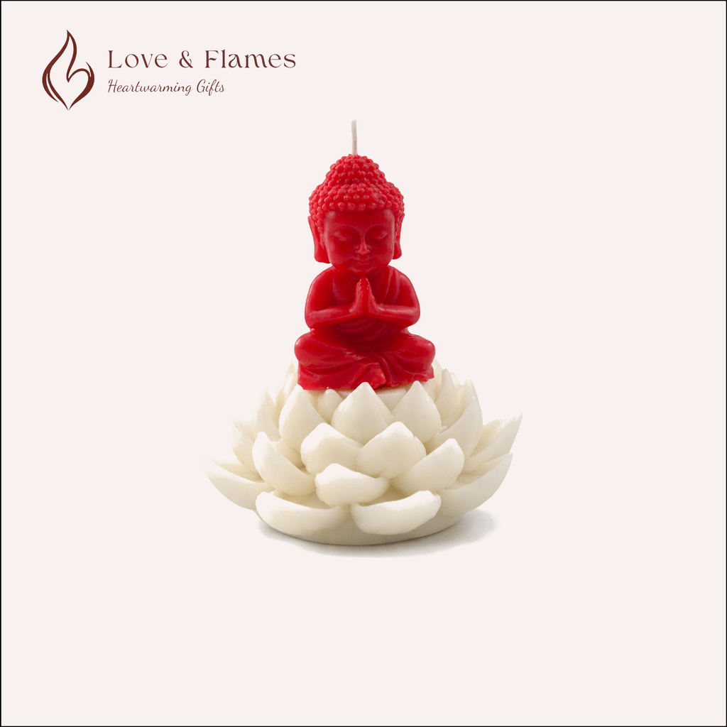 Buddha on Lotus Scented Candle Color Red Crimson & Fragrance Rose - Love & Flames