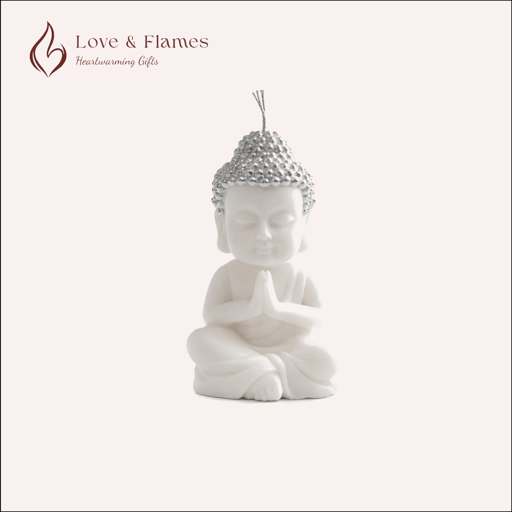 Peaceful Buddha Scented Candle Color Silver Shine & Fragrance Jasmine - Love & Flames