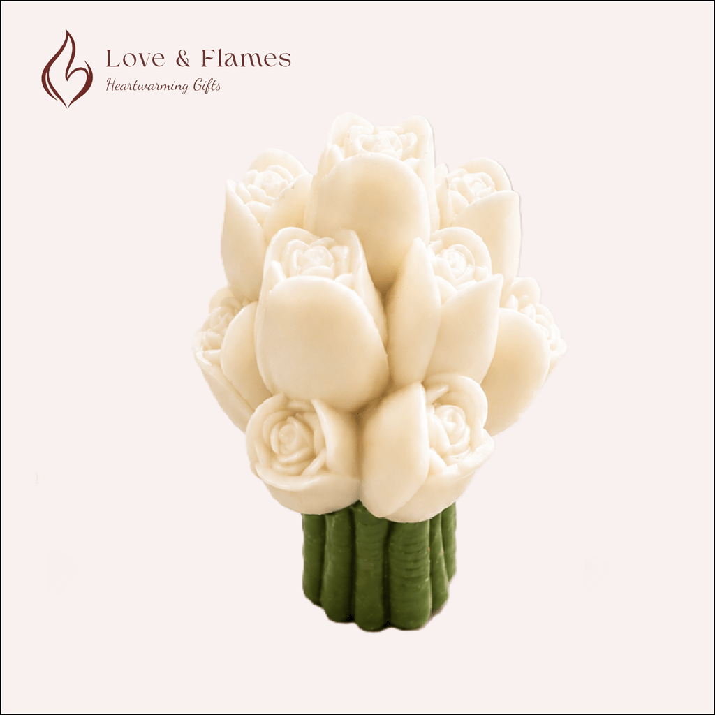 Tiny Tulip Bouquet Scented Candle Color White Ivory & Fragrance Vanilla - Love & Flames