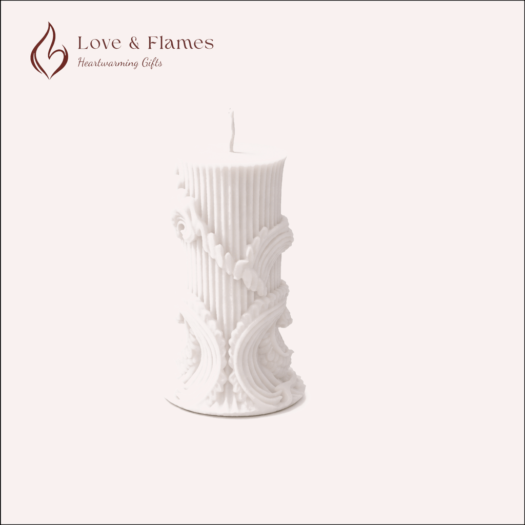Baroque Antique Pillar Scented Candle Color White Ivory & Fragrance Vanilla - Love & Flames