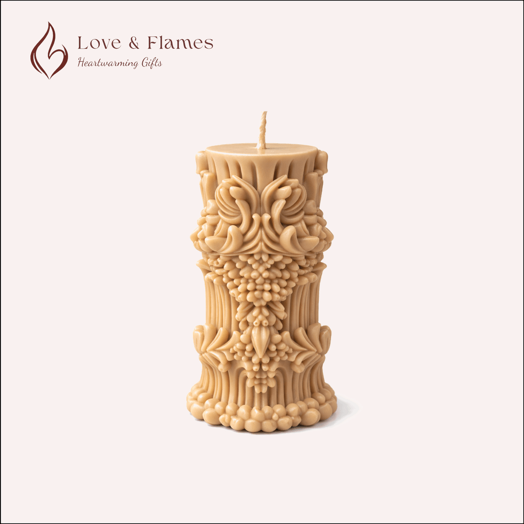 Baroque Ornate Pillar Scented Candle Color Gold Luxe & Fragrance Vanilla - Love & Flames