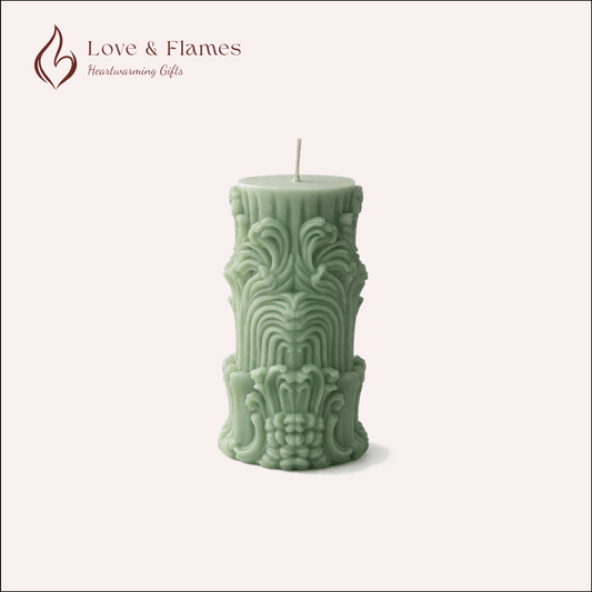 Baroque Ornate Pillar Scented Candle Color Green Mint & Fragrance Lily - Love & Flames