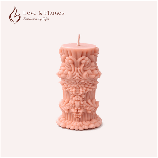 Baroque Ornate Pillar Scented Candle Color Orange Peach & Fragrance Strawberry - Love & Flames