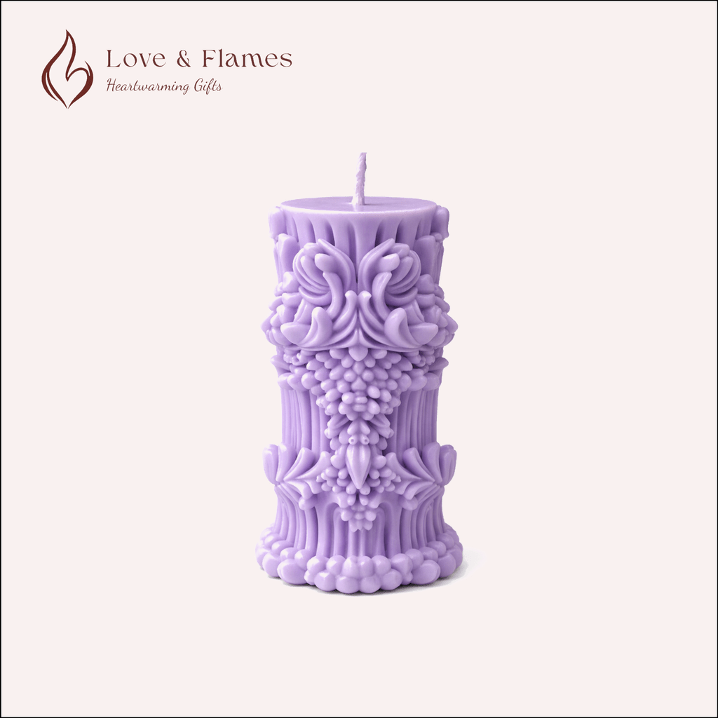 Baroque Ornate Pillar Scented Candle Color Purple Lavender & Fragrance Lavender - Love & Flames