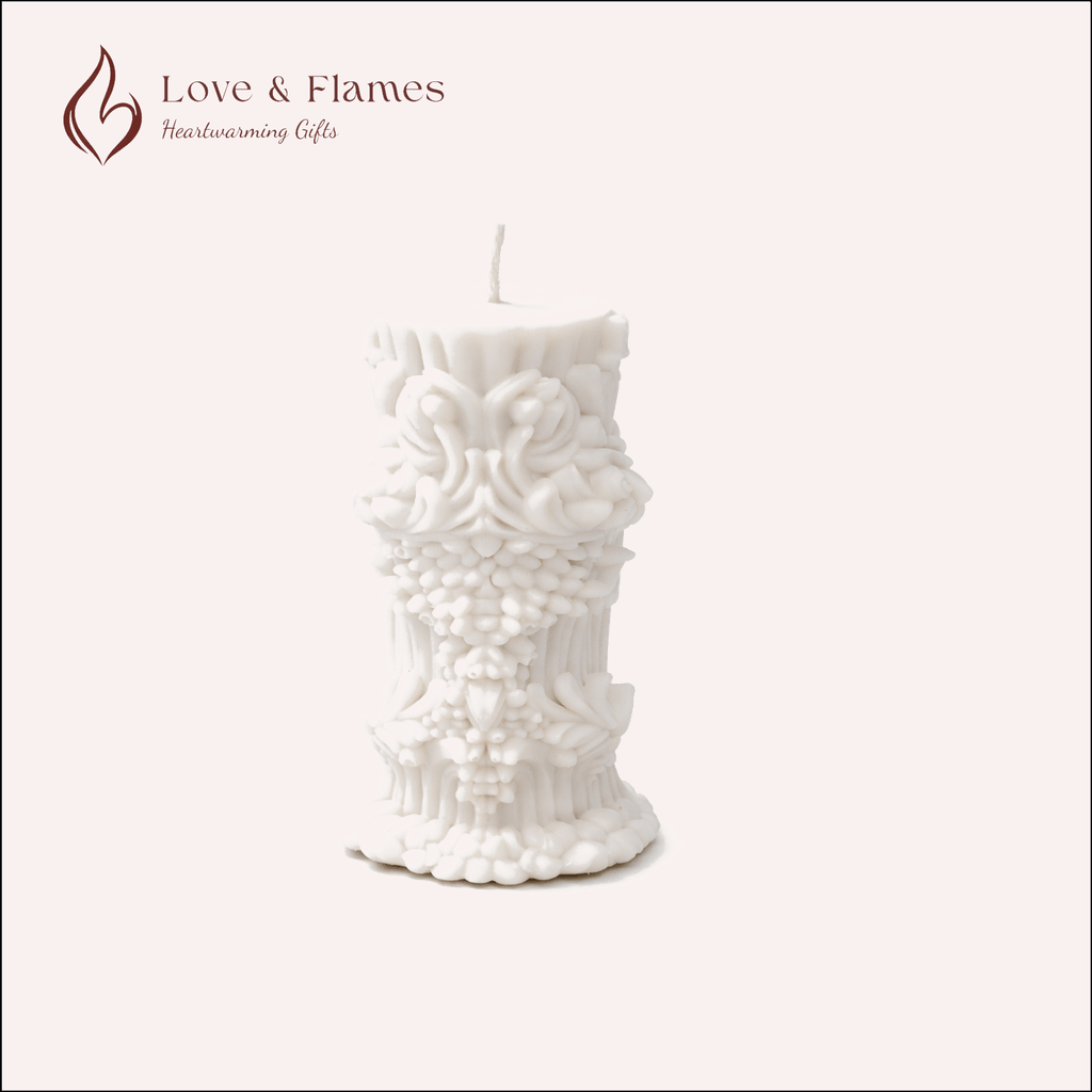 Baroque Ornate Pillar Scented Candle Color White Ivory & Fragrance Vanilla - Love & Flames