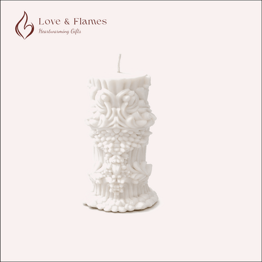 Baroque Ornate Pillar Scented Candle Color White Ivory & Fragrance Vanilla - Love & Flames