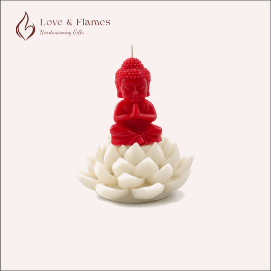 Buddha on Lotus Scented Candle Color Red Crimson & Fragrance Rose - Love & Flames