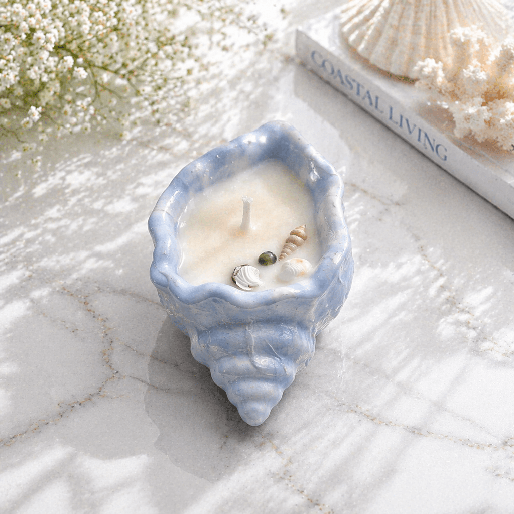Decorative Concrete Shell Scented Candle Color Blue Azure & Fragrance Lily - Love & Flames