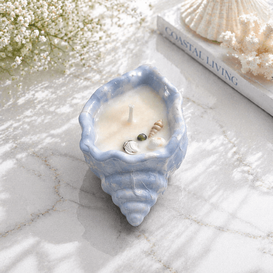 Decorative Concrete Shell Scented Candle Color Blue Azure & Fragrance Lily - Love & Flames