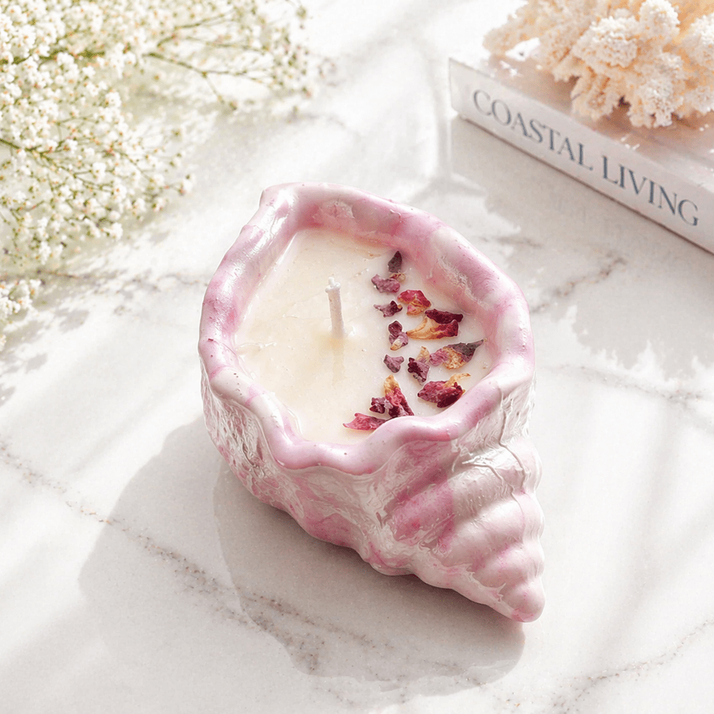 Decorative Concrete Shell Scented Candle Color Pink Blush & Fragrance Vanilla - Love & Flames