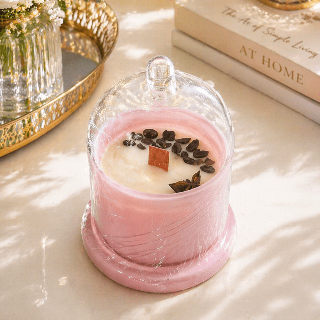 Decorative Glass Bell Jar Scented Candle Color Pink Blush & Fragrance Vanilla - Love & Flames