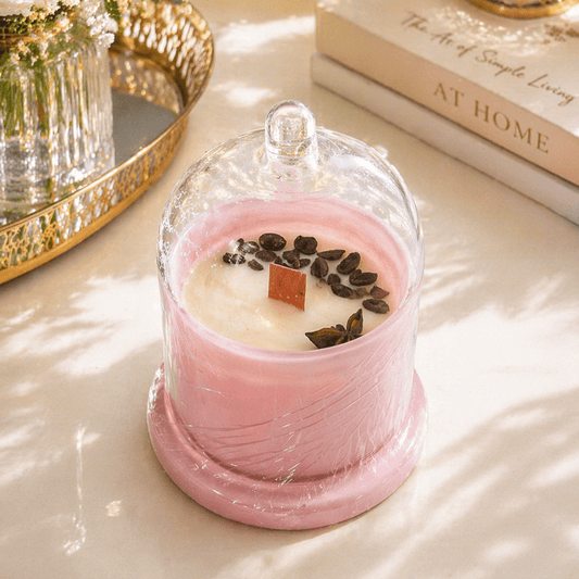 Decorative Glass Bell Jar Scented Candle Color Pink Blush & Fragrance Vanilla - Love & Flames