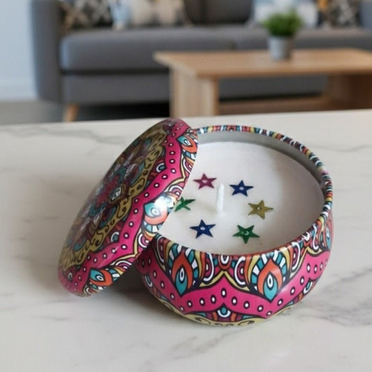 Decorative Mandala Tin Scented Candle Color White Ivory & Fragrance Vanilla - Love & Flames