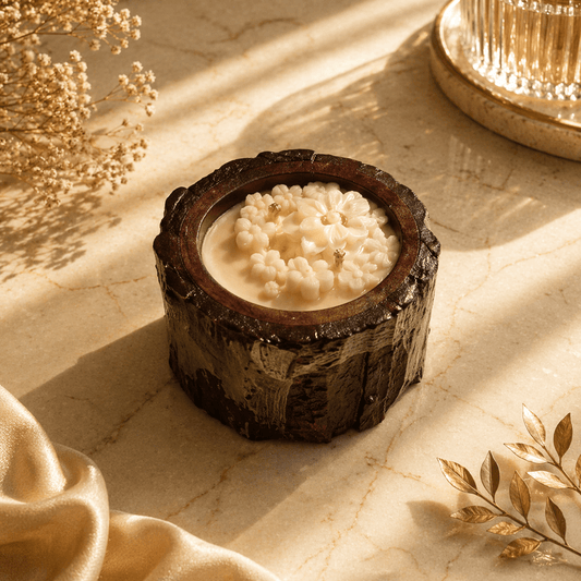 Decorative Wooden Bark Scented Candle Color White Ivory & Fragrance Vanilla - Love & Flames