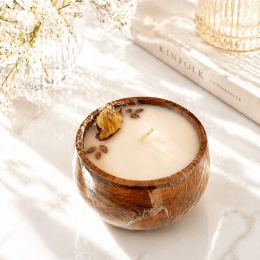 Decorative Wooden Bowl Scented Candle Color White Ivory & Fragrance Vanilla - Love & Flames