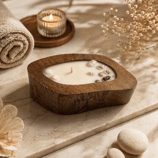 Decorative Wooden Lagoon Bowl Scented Candle Color White Ivory & Fragrance Vanilla - Love & Flames