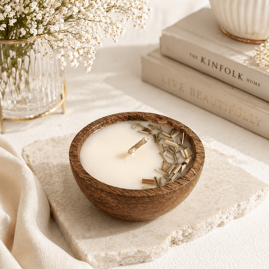 Decorative Wooden Small Bowl Scented Candle Color White Ivory & Fragrance Vanilla - Love & Flames