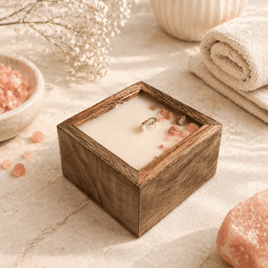 Decorative Wooden Square Bowl Scented Candle Color White Ivory & Fragrance Vanilla - Love & Flames