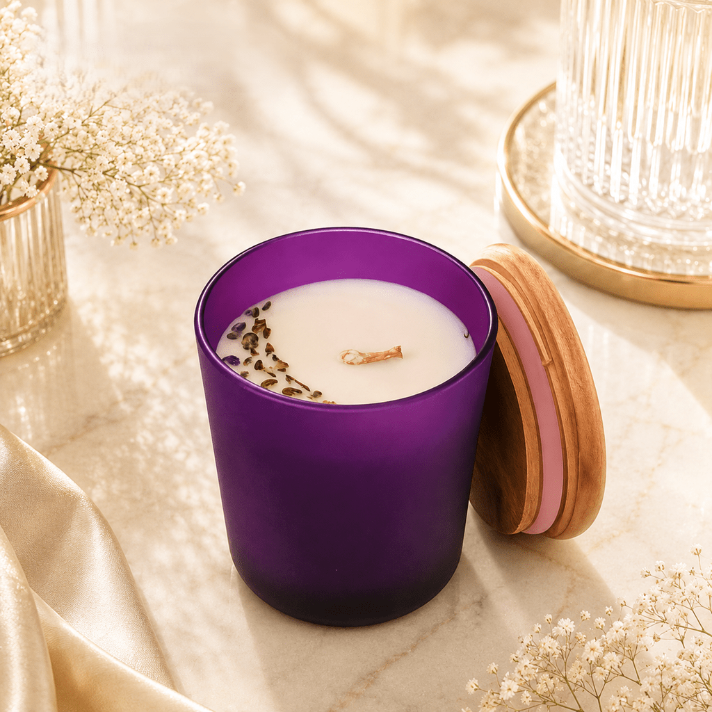 Frosted Jar with Lid Scented Candle Color Purple Violet & Fragrance Night Queen - Love & Flames