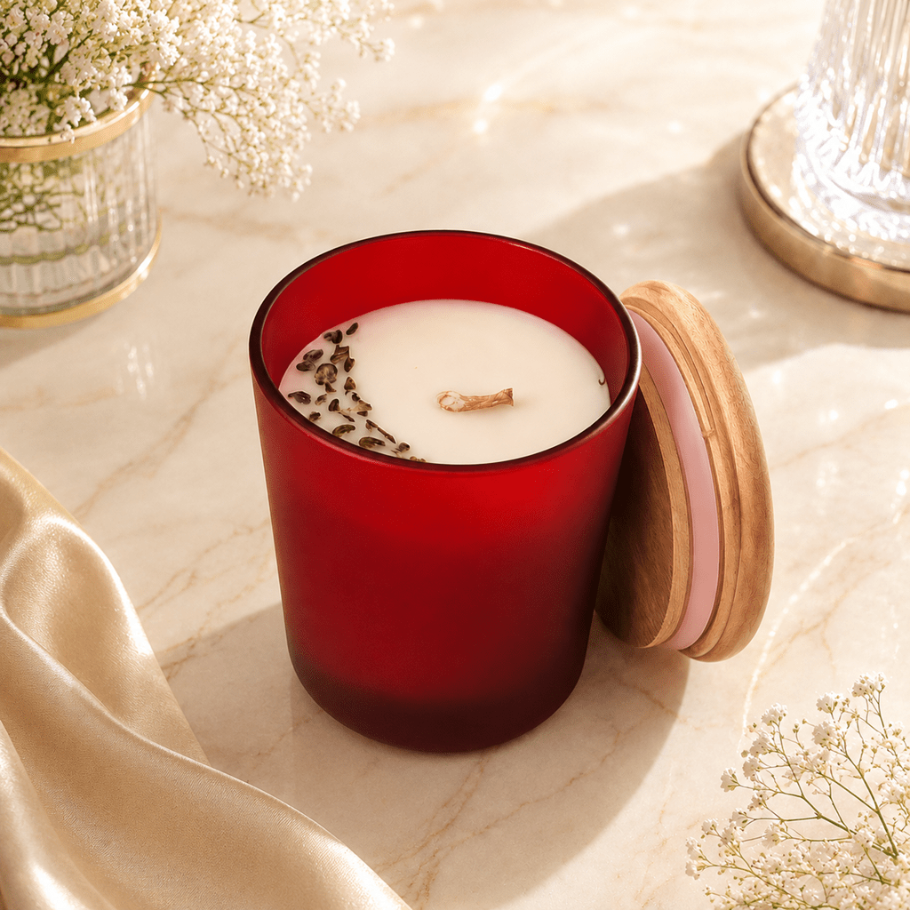 Frosted Jar with Lid Scented Candle Color Red Scarlet & Fragrance Strawberry - Love & Flames