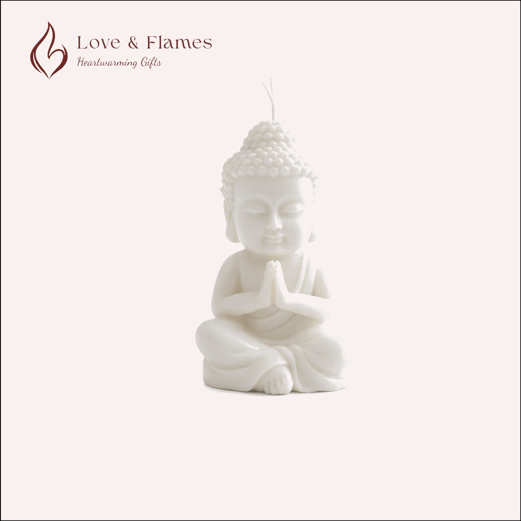 Peaceful Buddha Scented Candle Color White Ivory & Fragrance Vanilla - Love & Flames