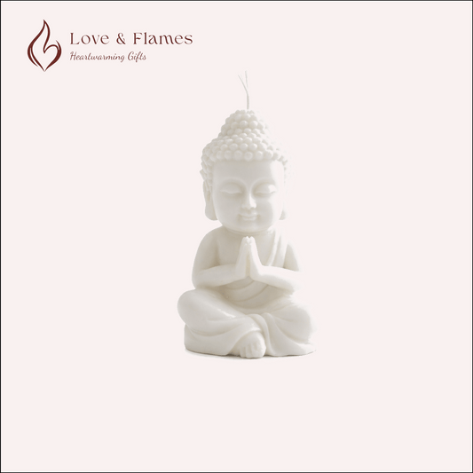 Peaceful Buddha Scented Candle Color White Ivory & Fragrance Vanilla - Love & Flames