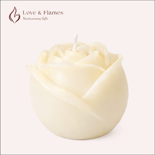 Rose Flower Scented Candle Color White Ivory & Fragrance Vanilla - Love & Flames