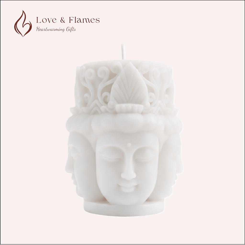 Zen Harmony 4 faced Dhyani Buddha Scented Candle Color White Ivory & Fragrance Vanilla - Love & Flames